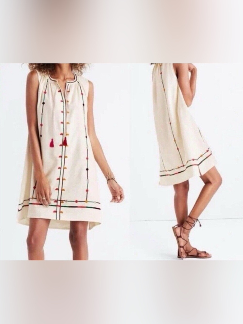 Madewell Embroidered Tunic in White & Pink Large